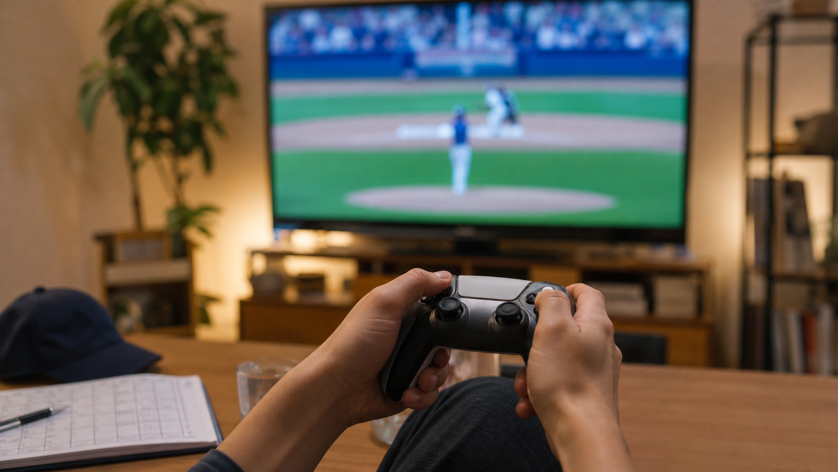 Una persona jugando un videojuego de béisbol en una sala japonesa