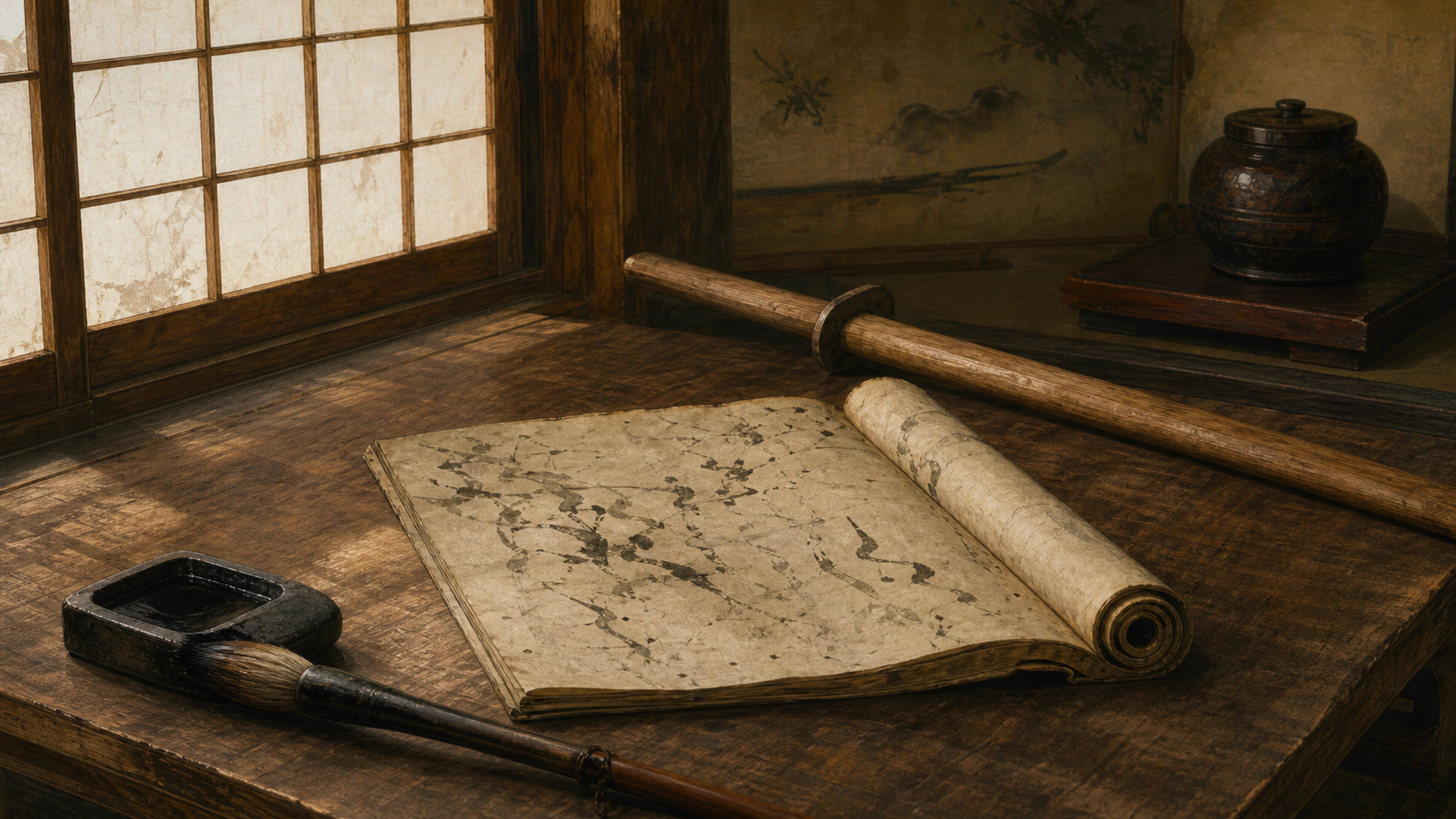 Manuscrito, pincel e espada de madeira em uma cena histórica interpretativa