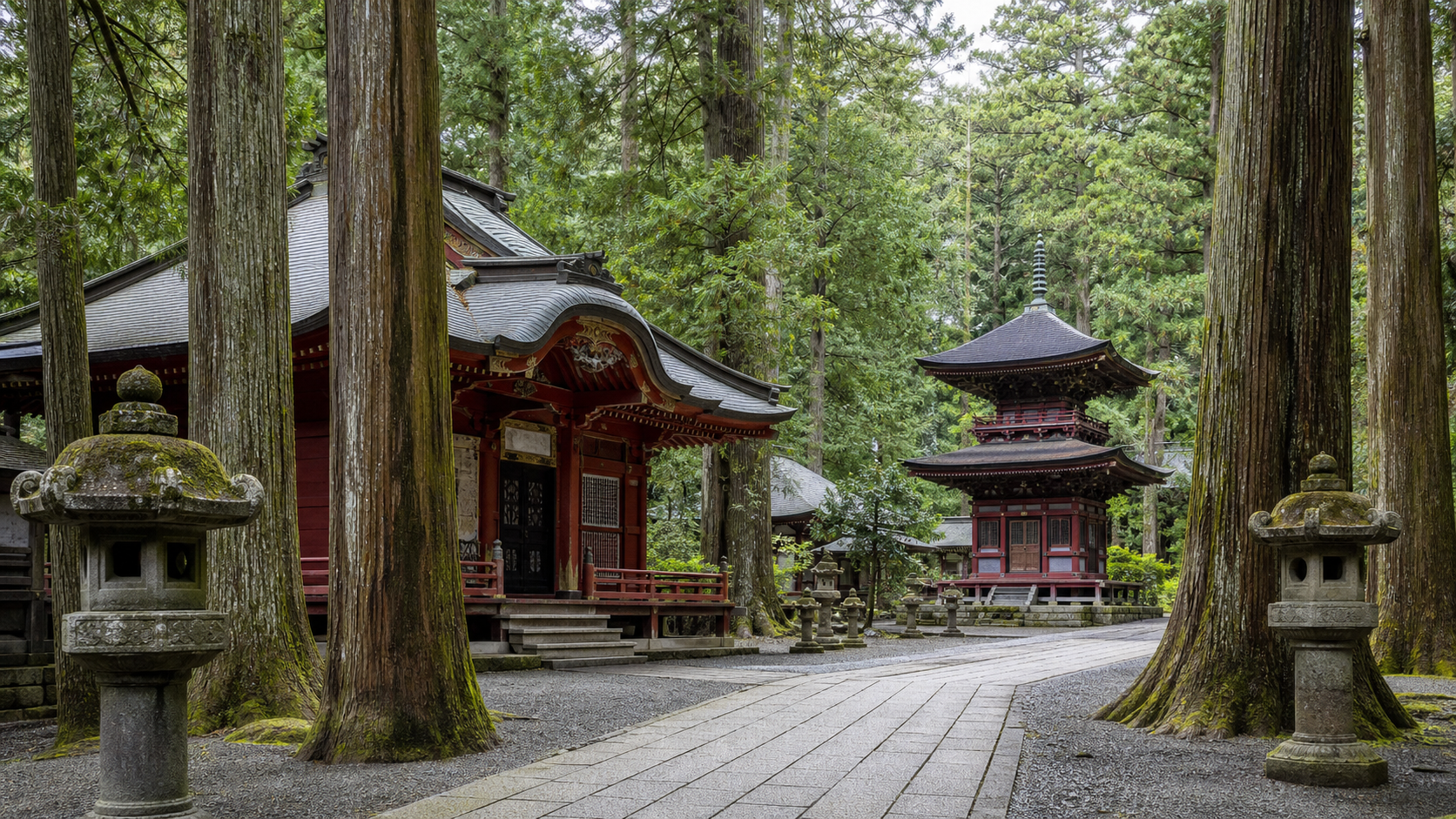 Japanese temple buildings among tall cedar trees on a mountain