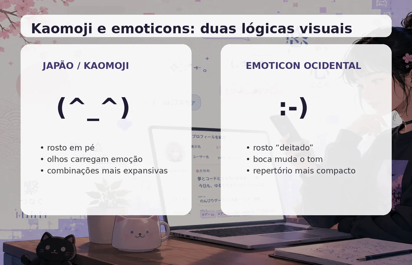 Comparação visual entre a lógica expressiva dos kaomoji e dos emoticons ocidentais.